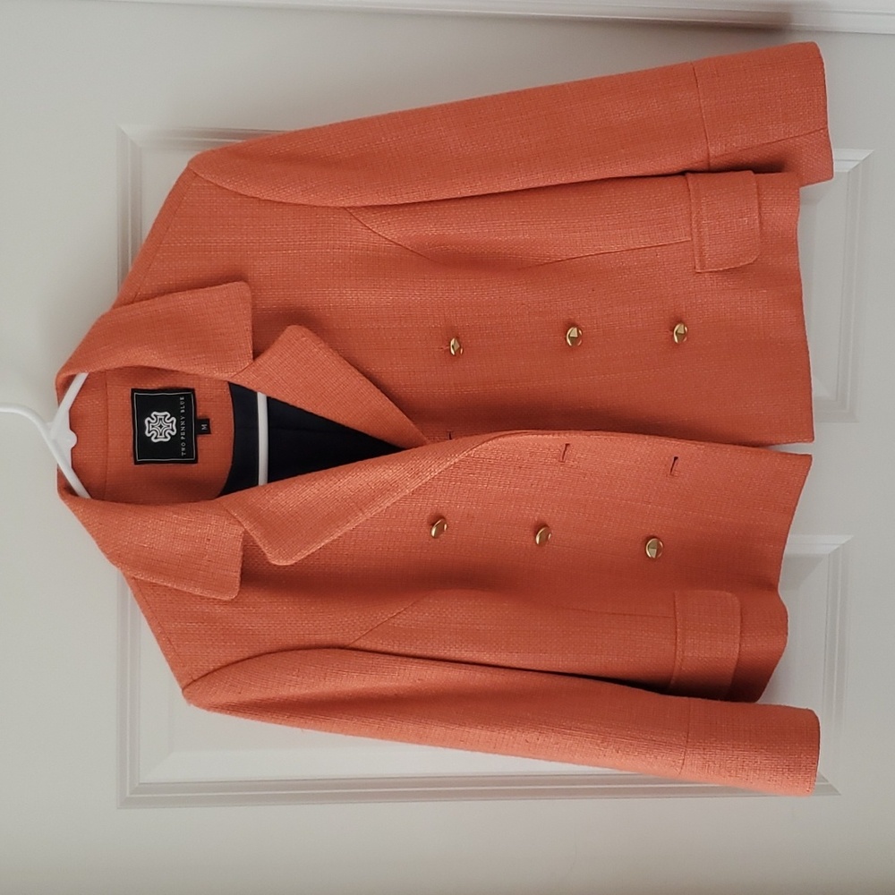 Two Penny Blue Orange Silk Short Double Breasted Jacket Size M